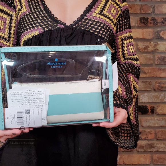 Kate Spade Pool Float Makeup Bag Duo Clear 2 In 1 Poolside Blue White Stripe NWT - Picture 2 of 3